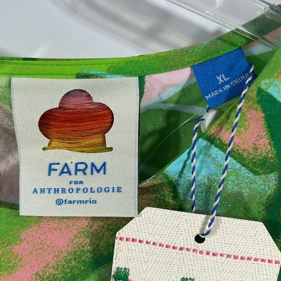 FARM Rio x Anthropologie Puff Sleeve Mini Dress Lime Green Palm Tropical NEW XL - Picture 11 of 13